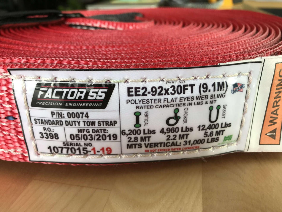 Factor 55 30 Foot Tow Strap Standard Duty 30 Foot x 2 Inch Red