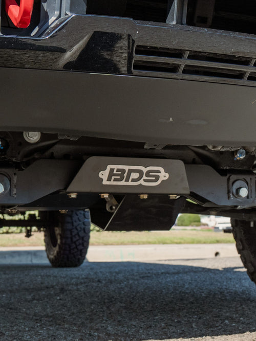 BDS lift kit crossmember skid plate under a GMC Sierra 1500 AT4