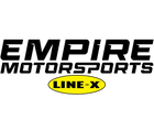 Empire Motorsports logo in black with a yellow oval Line-X logo underneath on a white background.