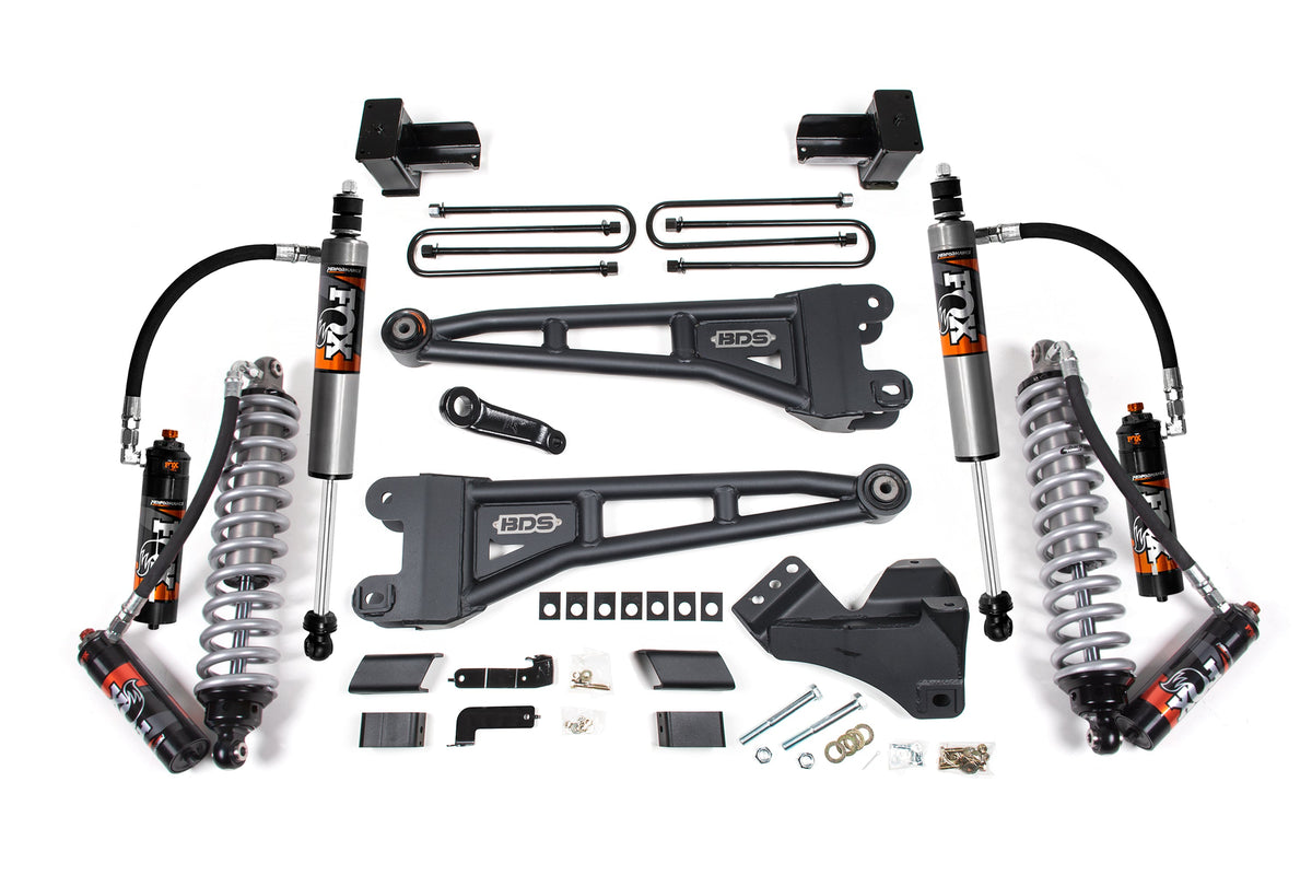 23-25 Ford F-450 4WD 4 Inch Coilover Radius Arm Suspension Lift Kit, 3.5 Inch Rear, Block - Fox 2.5 Performance Elite...