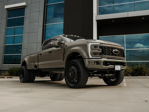 Front three-quarter angle of the lifted Ford F-450 Platinum dually