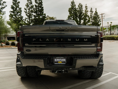 Rear view of the Ford F-450 Platinum dually after its build at Empire Motorsports & LINE-X
