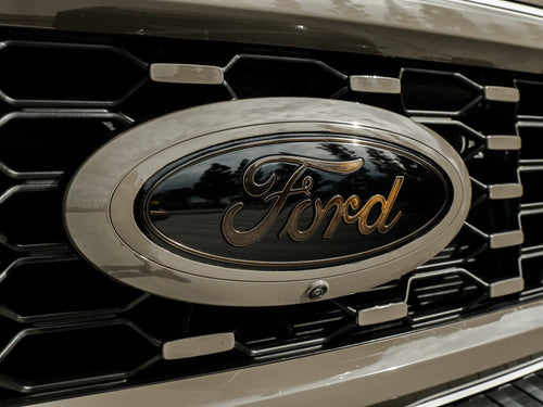 Close-up of the Ford oval badge on the grille
