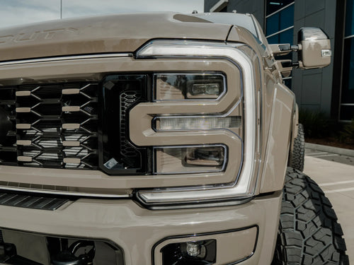 Close-up of the Ford Super Duty Platinum's headlight