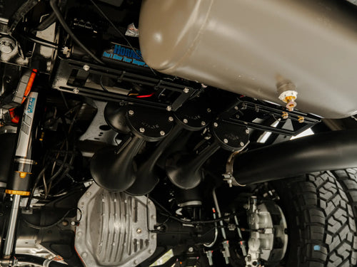 HornBlasters train horn kit and King off-road shocks, underside view